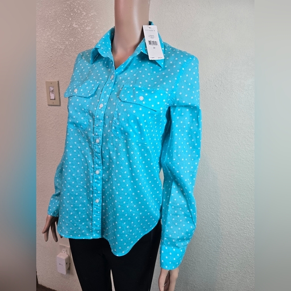 New Ralph Lauren Shirt Womens Mp Blue Polka Dot Button Up Long Sleeve Top - Picture 9 of 10